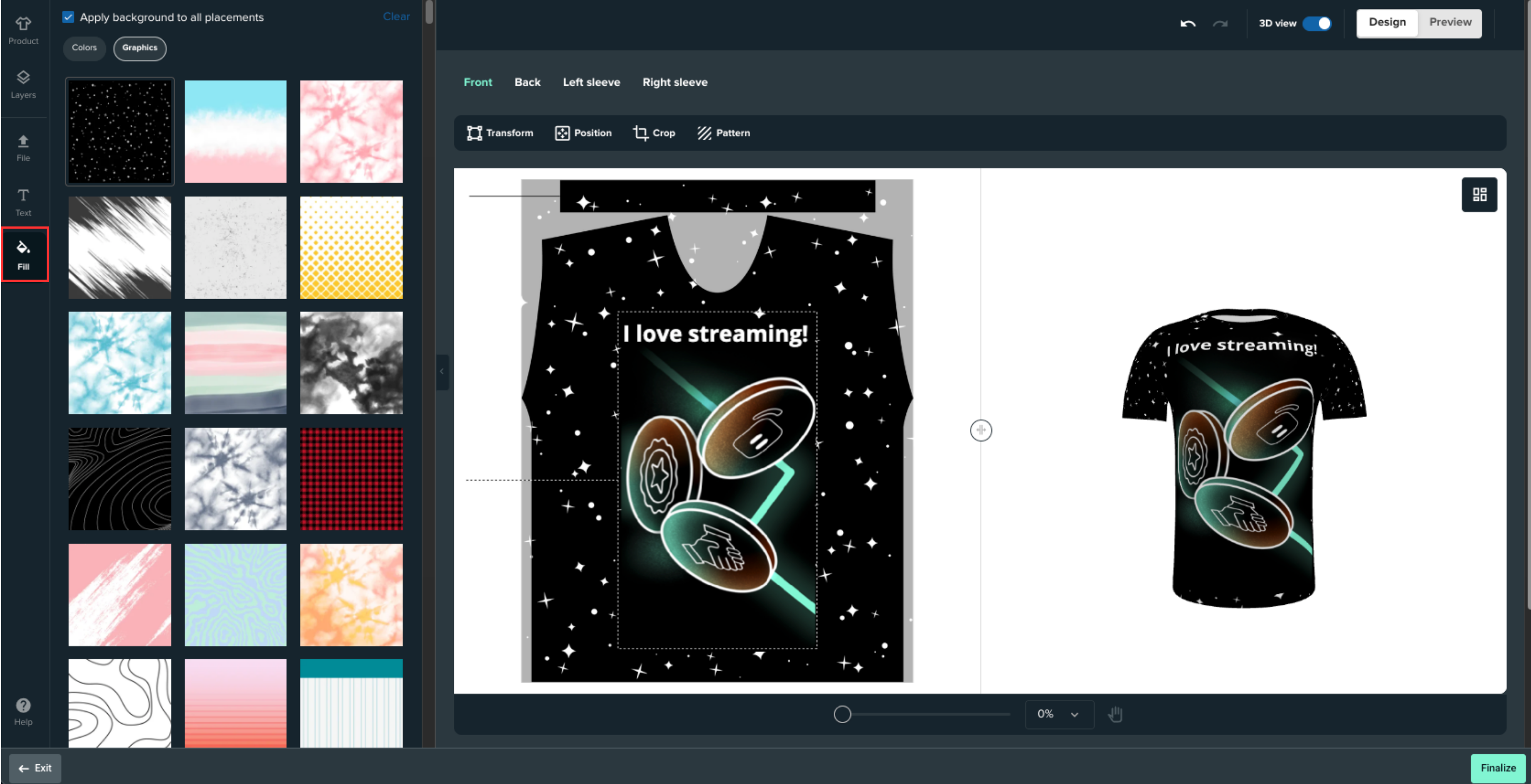 You can add graphics and colors to the background of your merch design by heading to the Fill tab in the left toolbar.